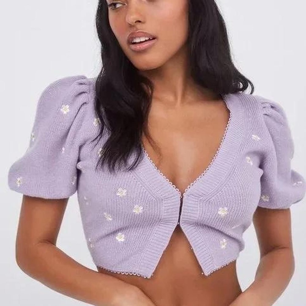 For Love & Lemons • Daisy Embroidered Cropped Cardigan Puff Sleeve M Cottagecore